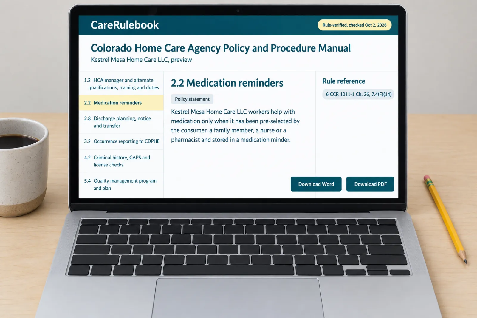 The CareRulebook Colorado manual preview on a laptop: policy 2.2 on medication reminders for a sample agency, citing 6 CCR 1011-1 Ch. 26, 7.4(F)(14), with policy 1.2 on the HCA manager and alternate in the contents