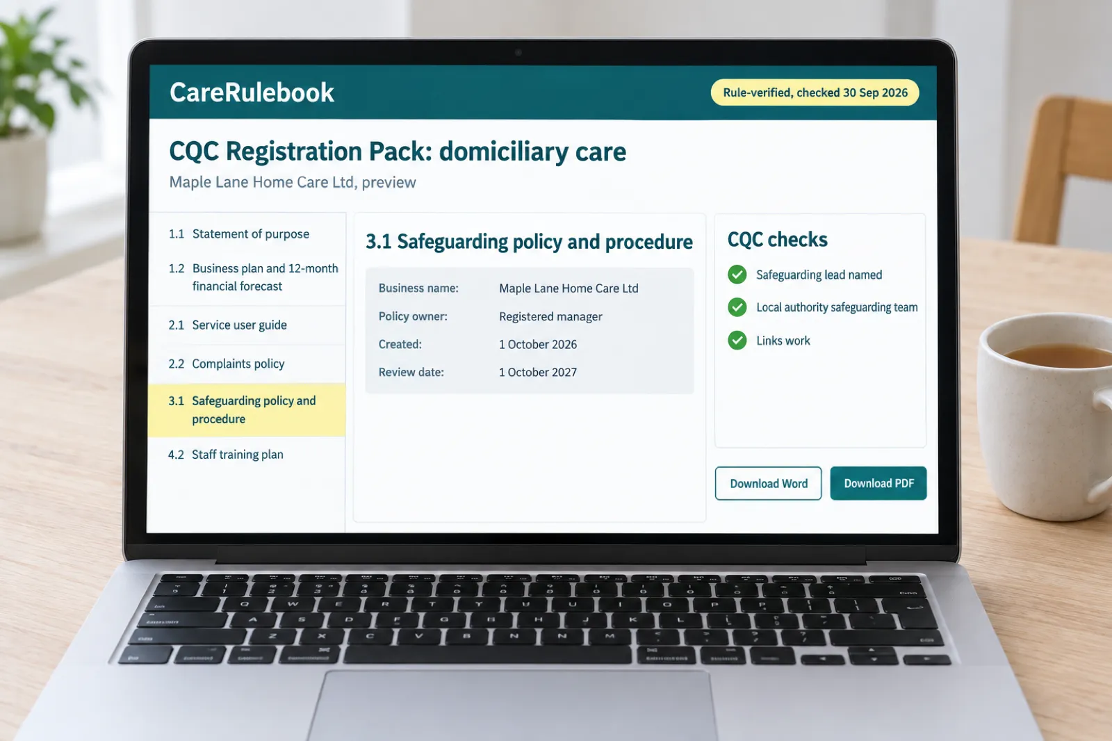 The CareRulebook CQC pack preview on a laptop