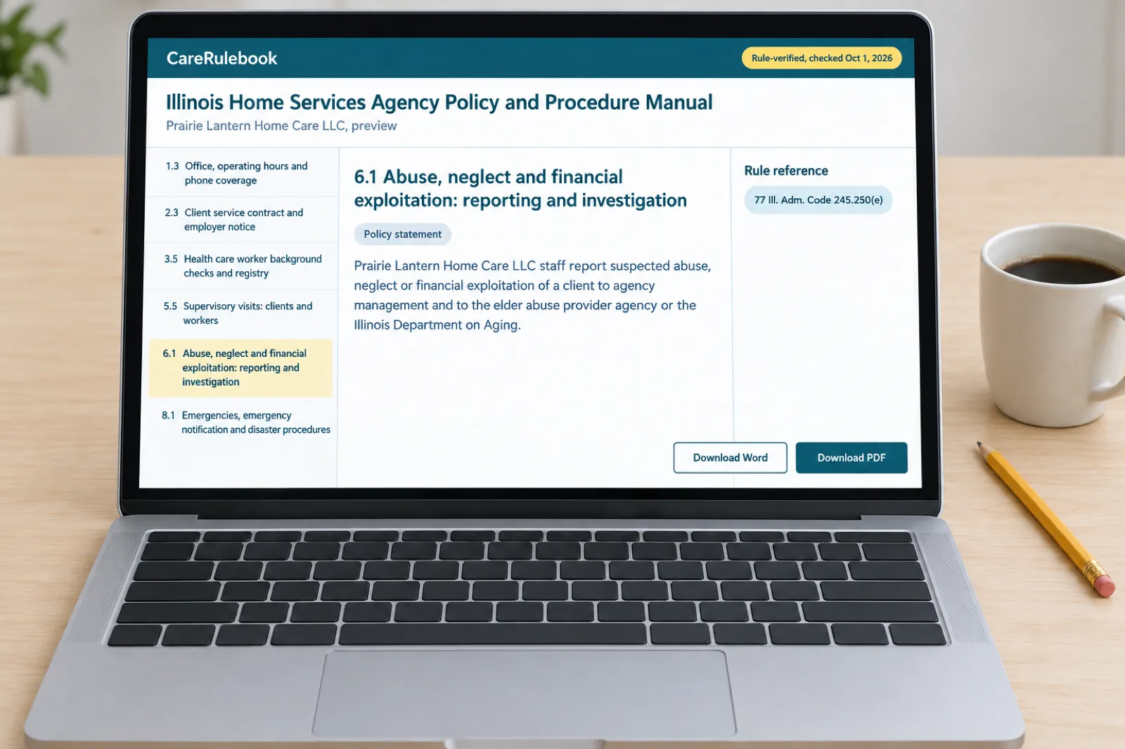 The CareRulebook Illinois manual preview on a laptop, showing the table of contents, policy 6.1 on reporting abuse, neglect and financial exploitation and its 77 Ill. Adm. Code 245.250(e) citation