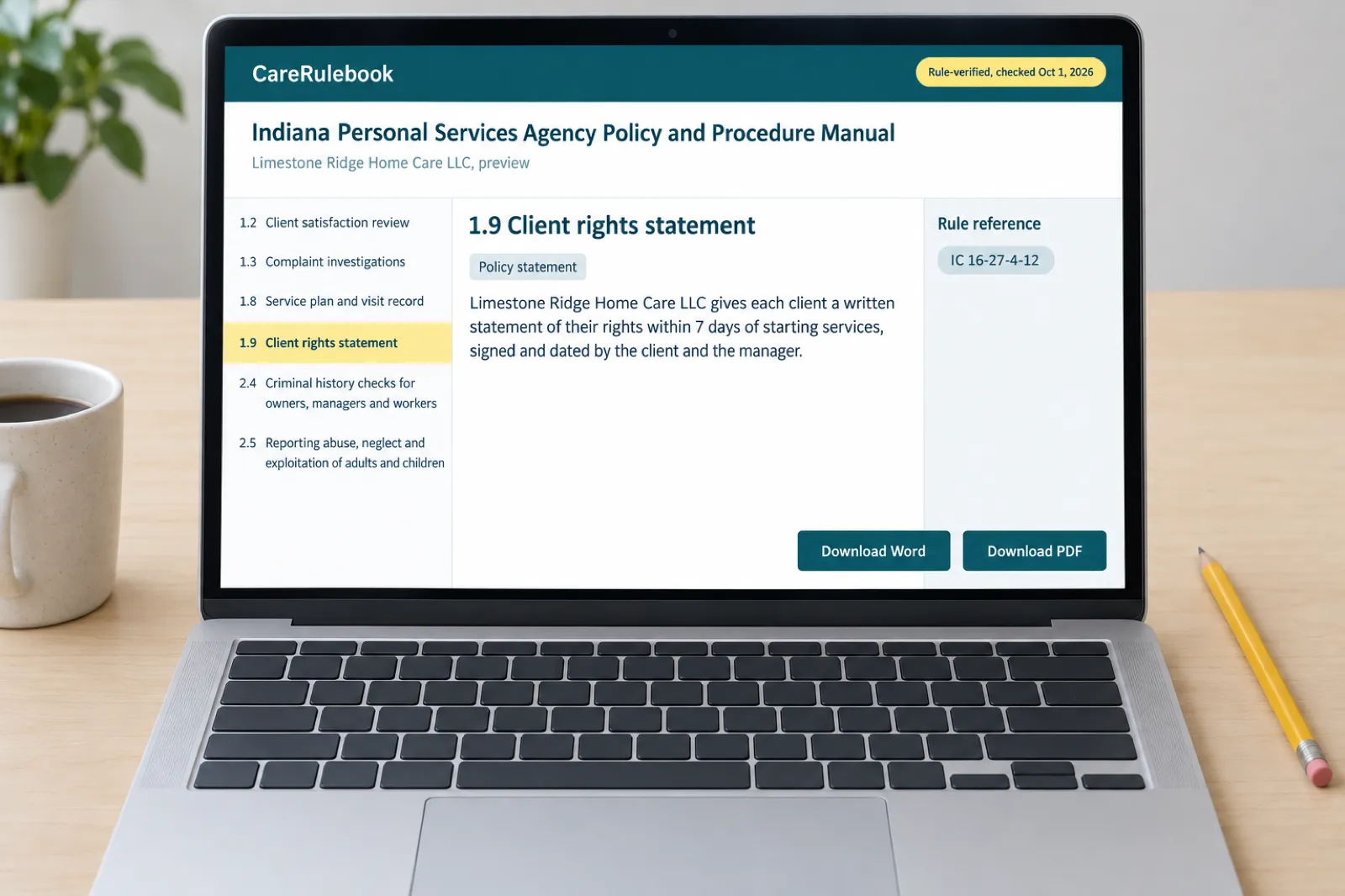 A laptop showing a preview of the Indiana Personal Services Agency Policy and Procedure Manual for a sample agency, open at policy 1.9, Client rights statement, citing IC 16-27-4-12.