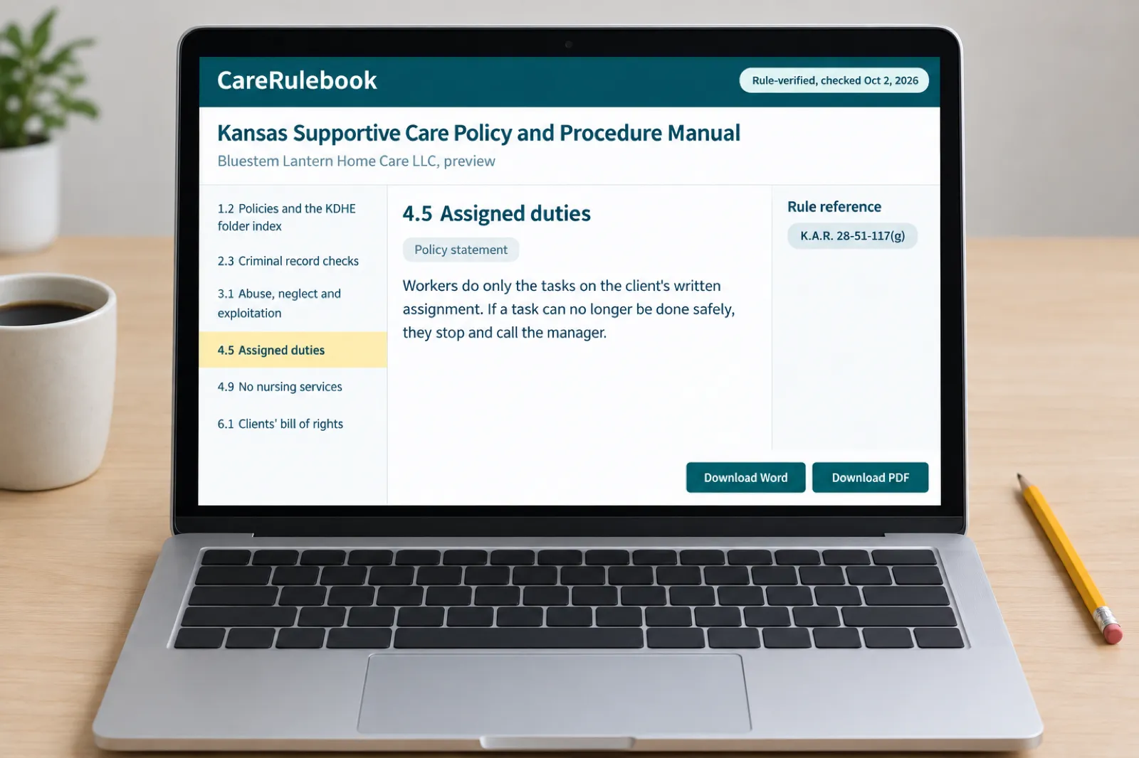 The CareRulebook Kansas manual preview on a laptop: policy 4.5 on assigned duties for a sample agency, citing K.A.R. 28-51-117(g), with six of the manual’s policies listed beside it