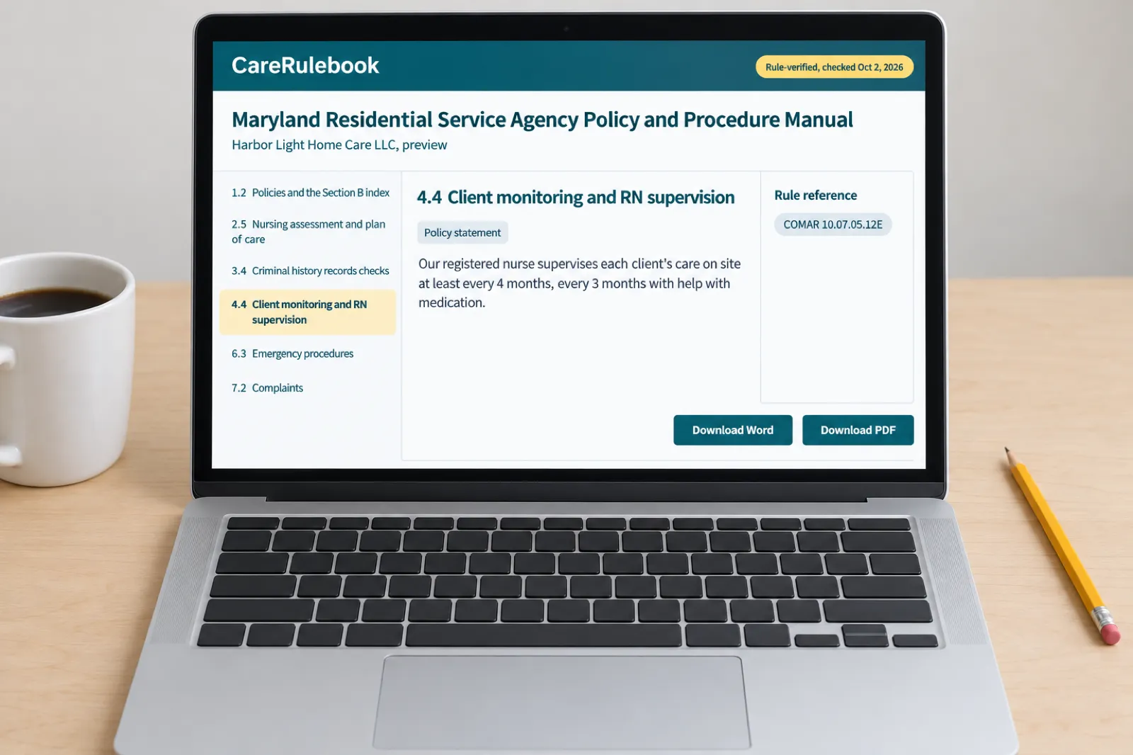 The CareRulebook Maryland manual preview on a laptop: policy 4.4 on client monitoring and RN supervision for a sample agency, citing COMAR 10.07.05.12E, with the manual’s contents listed beside it