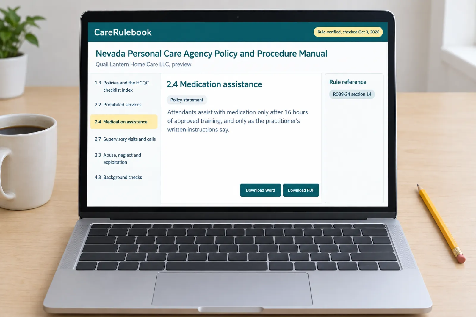 The CareRulebook Nevada manual preview on a laptop: policy 2.4 on medication assistance for a sample agency, citing R089-24 section 14, with six of the manual’s policies listed beside it