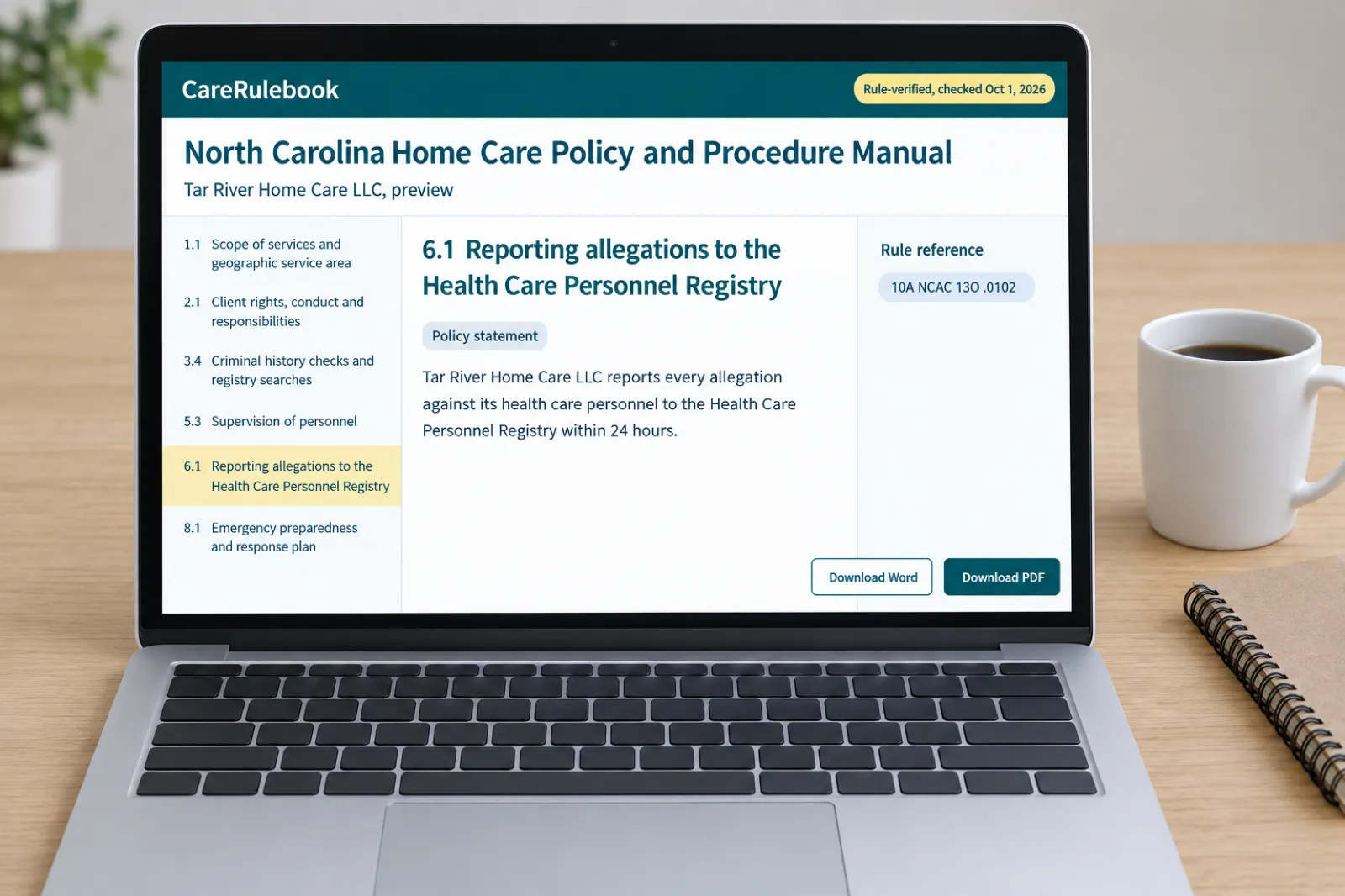 The CareRulebook North Carolina manual preview on a laptop, showing the table of contents, policy 6.1 on reporting allegations to the Health Care Personnel Registry and its 10A NCAC 13O .0102 citation