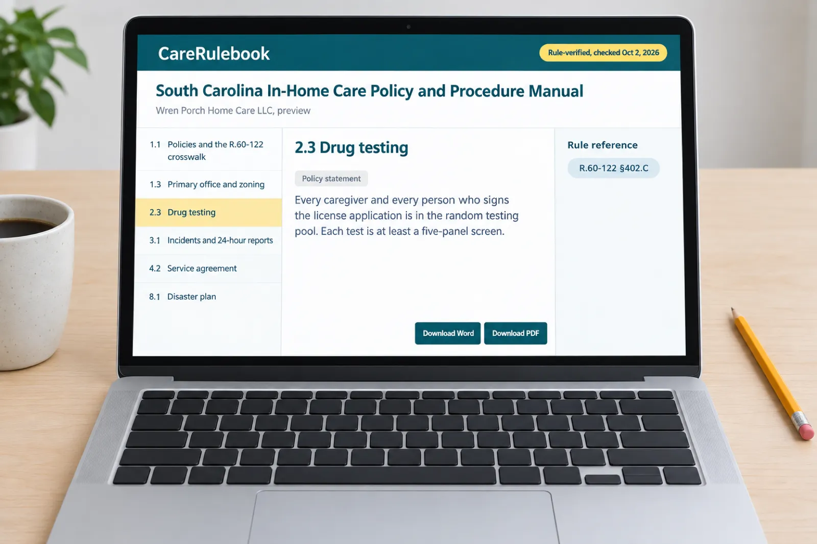 The CareRulebook South Carolina manual preview on a laptop: policy 2.3 on drug testing for a sample agency, citing R.60-122 §402.C, with six of the manual’s policies listed beside it