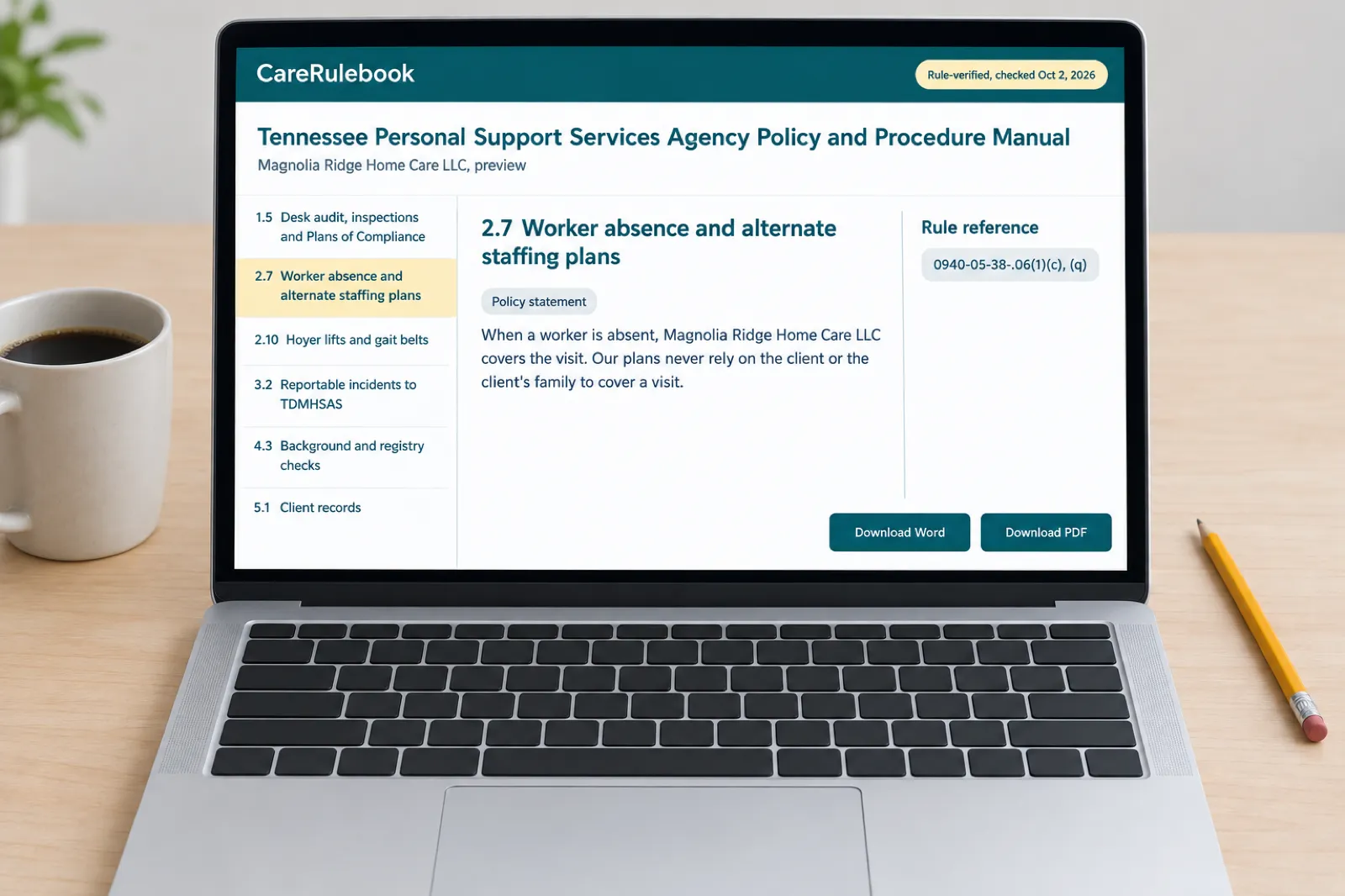 The CareRulebook Tennessee manual preview on a laptop: policy 2.7 on worker absence and alternate staffing plans for a sample agency, citing 0940-05-38-.06(1)(c), (q), with the manual’s contents listed beside it
