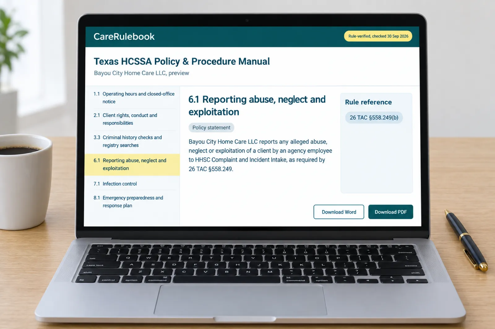 The CareRulebook Texas manual preview on a laptop