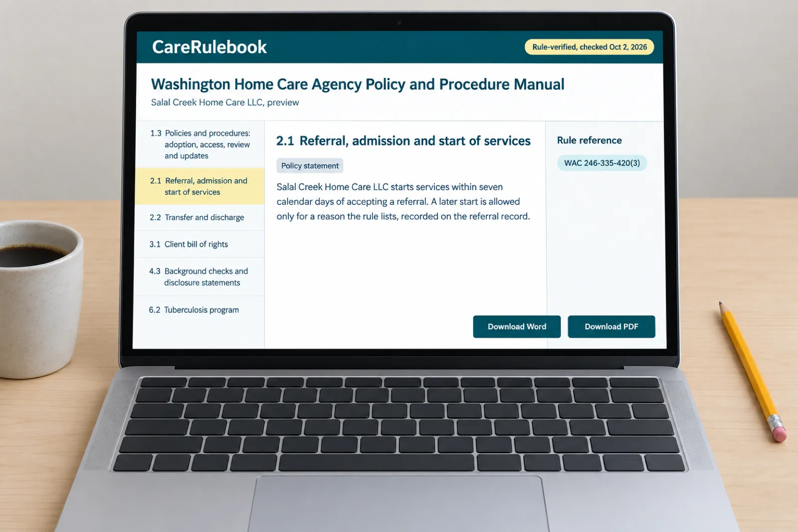 The CareRulebook Washington manual preview on a laptop: policy 2.1 on referral, admission and start of services for a sample agency, citing WAC 246-335-420(3), with policy 4.3 on background checks and disclosure statements in the contents