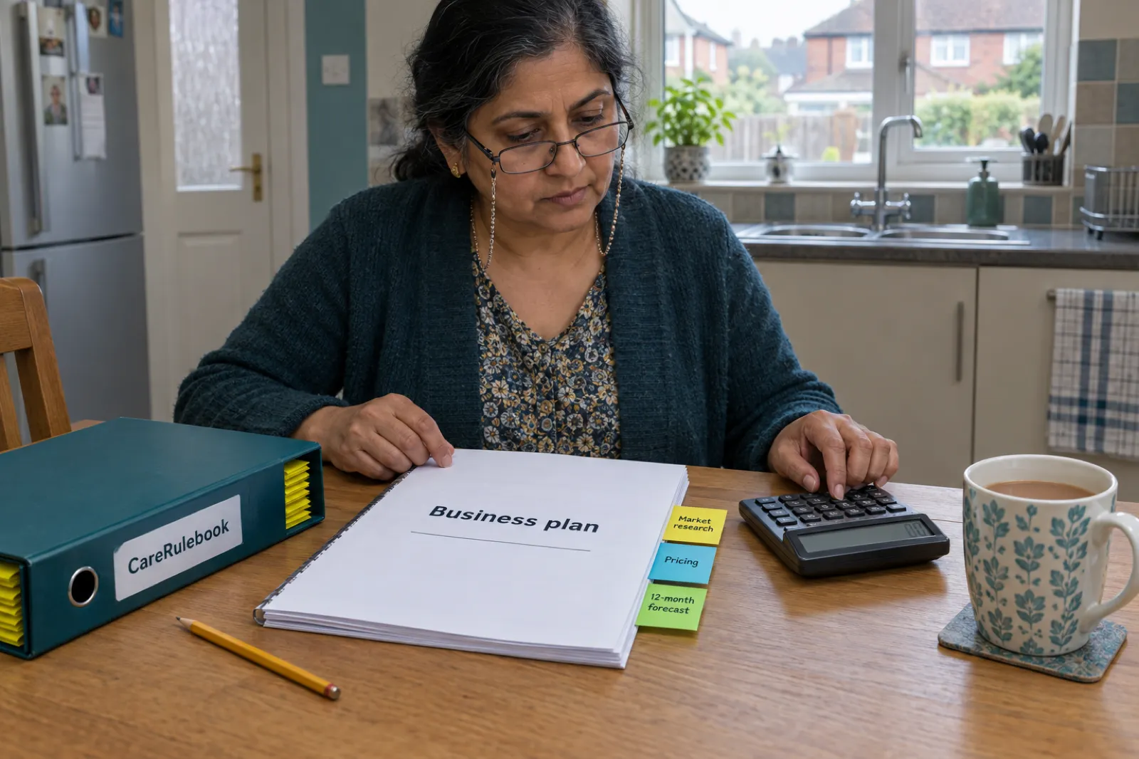 A home care founder at her kitchen table with a printed business plan tabbed for market research, pricing and 12-month forecast, and a calculator