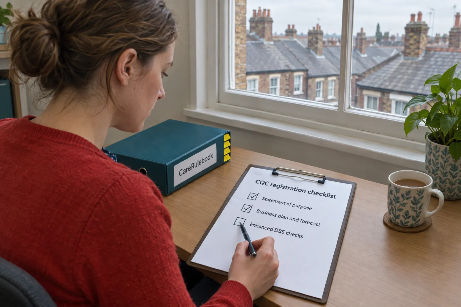 A home care founder in an office above a high street ticking a CQC registration checklist: statement of purpose and business plan done, enhanced DBS checks next