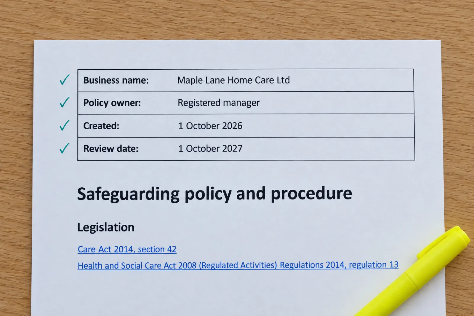 The top of a printed safeguarding policy with a header box showing business name, policy owner, created date and review date, each ticked