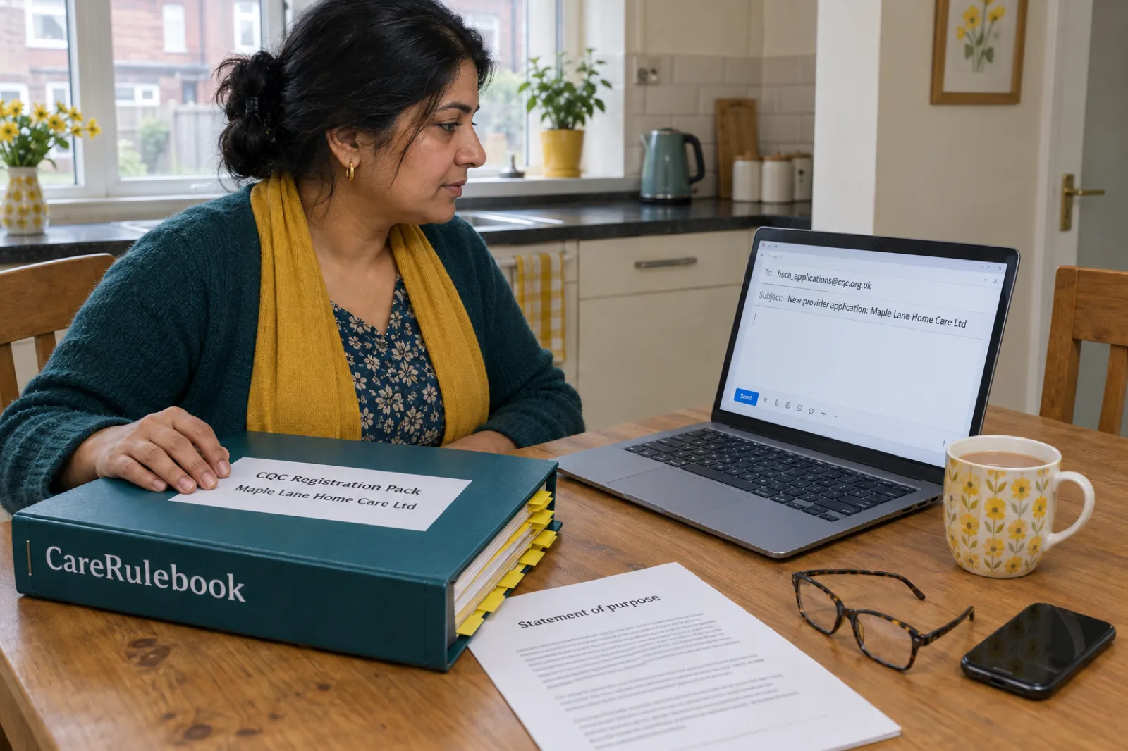 A new home care provider in Birmingham prepares her CQC application at her kitchen table with a CareRulebook registration pack