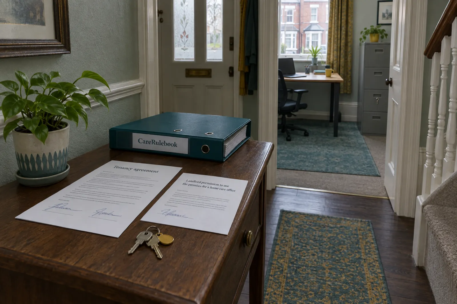 A signed tenancy agreement and a landlord permission letter on a hallway table, with a CareRulebook binder and keys