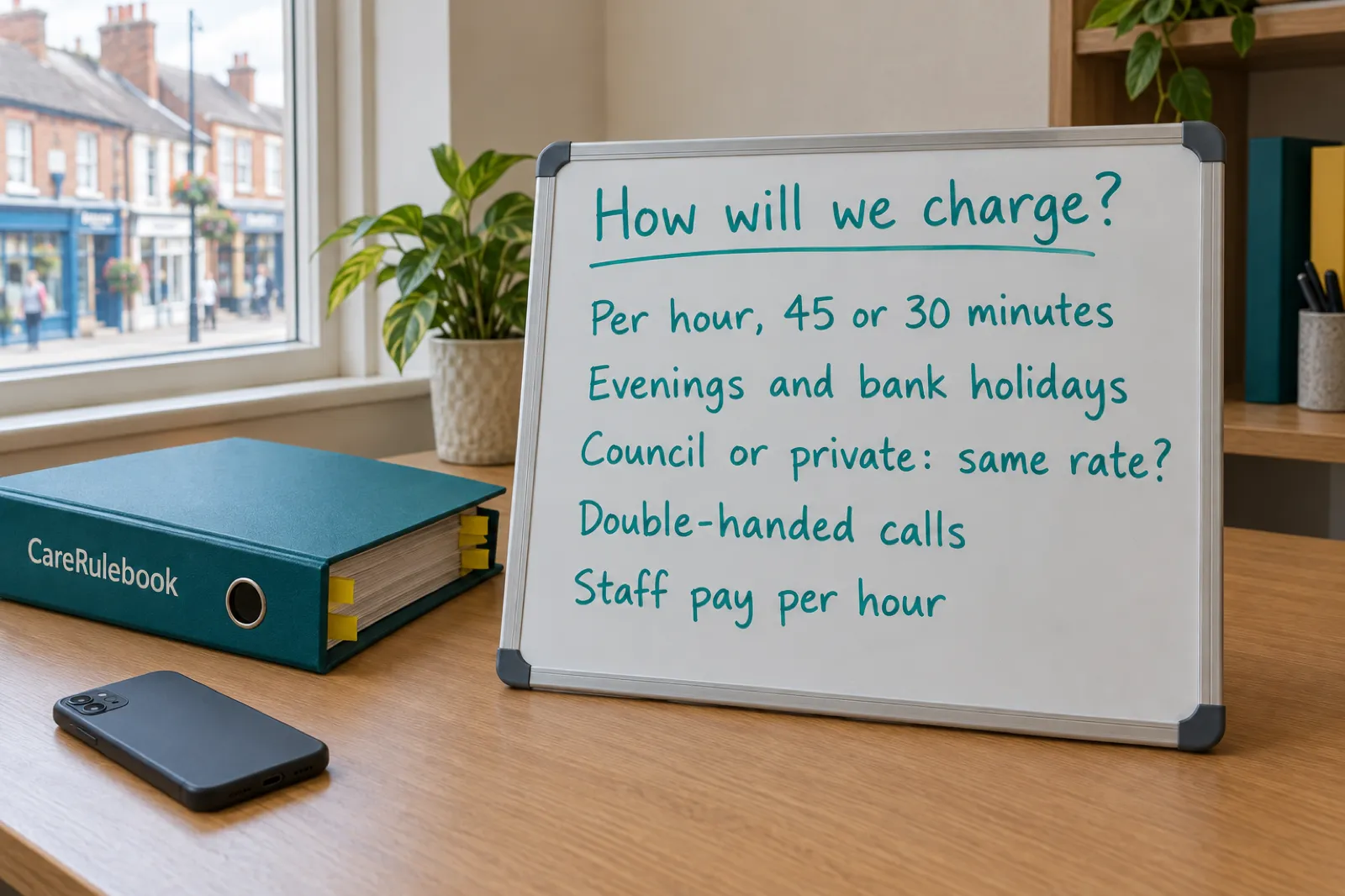 A whiteboard headed how will we charge, listing per hour, 45 or 30 minutes; evenings and bank holidays; council or private same rate; double-handed calls; staff pay per hour