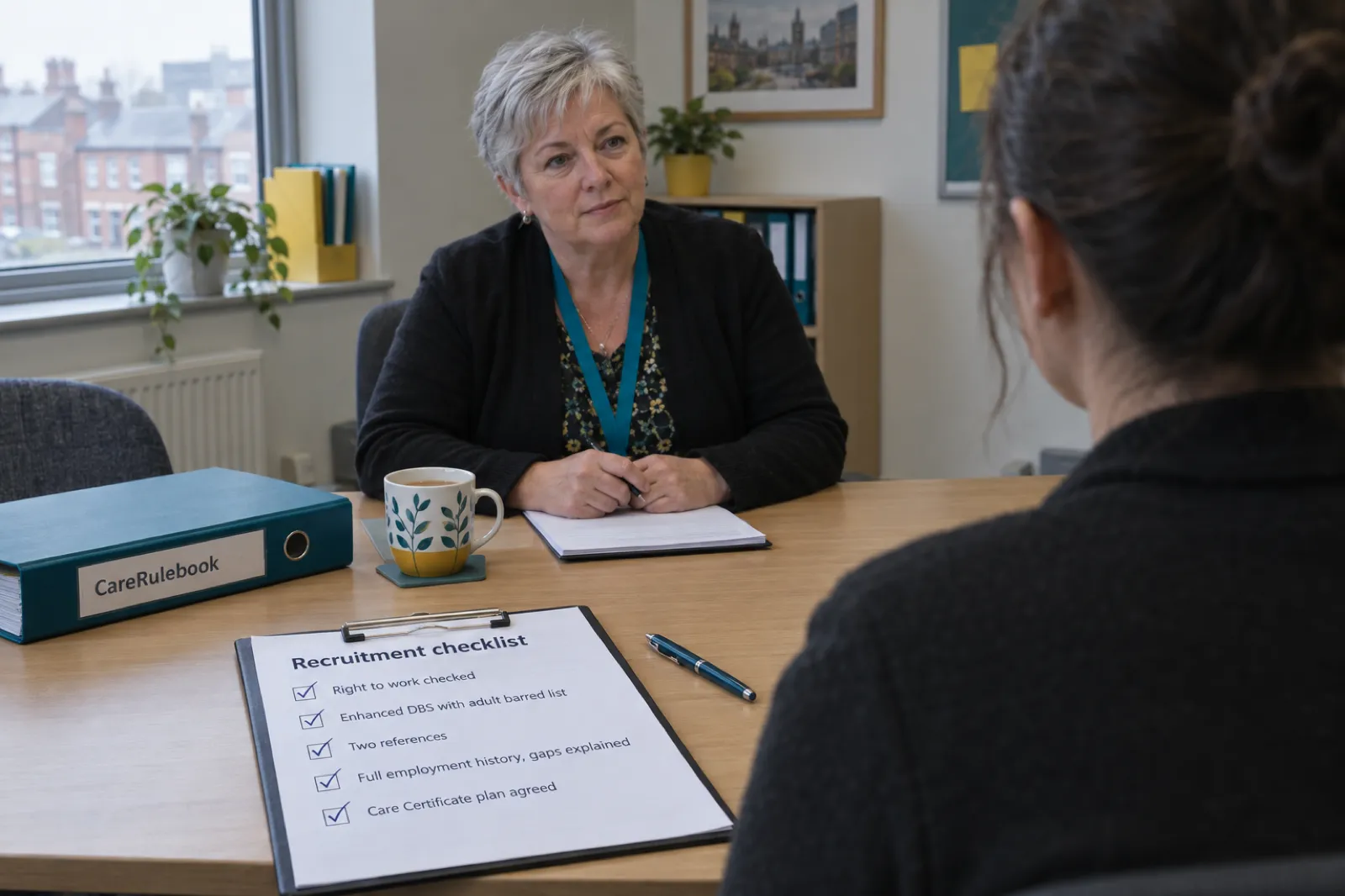 A registered manager interviews a candidate with a recruitment checklist covering right to work, DBS, references and employment history