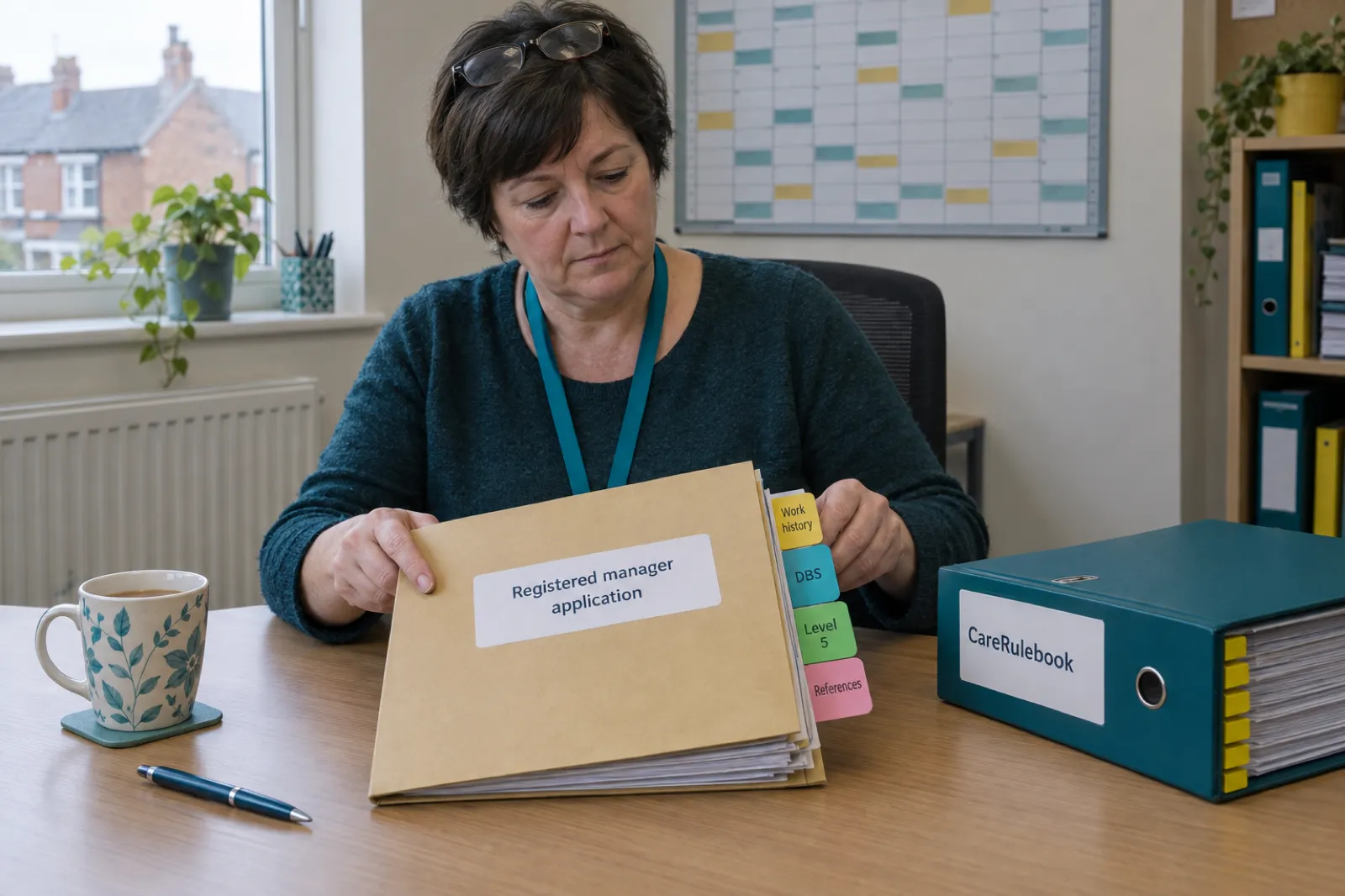 A home care manager preparing a folder labelled registered manager application, tabbed for work history, DBS, Level 5 and references