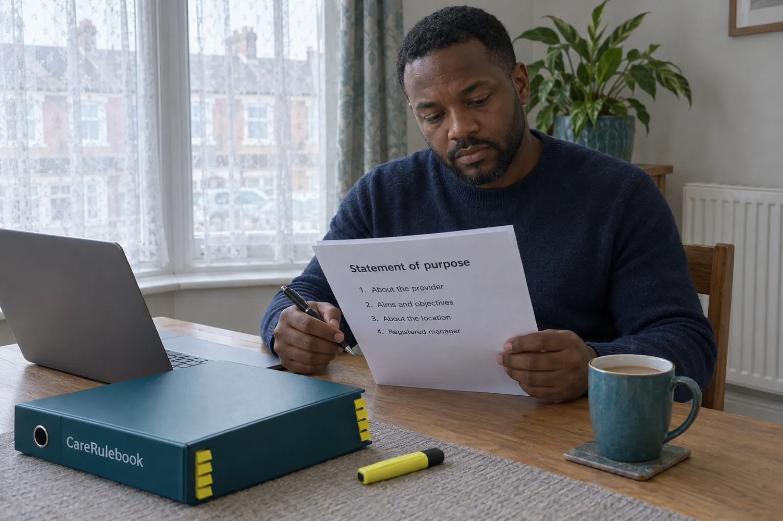 A home care founder in his front room reviewing a printed statement of purpose with four sections: about the provider, aims and objectives, about the location, registered manager