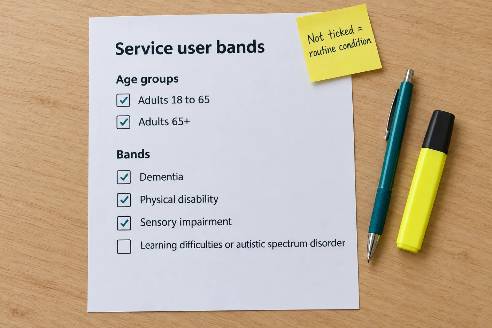 A printed page of service user bands with adults 18 to 65, adults 65 plus, dementia, physical disability and sensory impairment ticked, learning difficulties or autistic spectrum disorder not ticked, and a sticky note reading not ticked equals routine condition