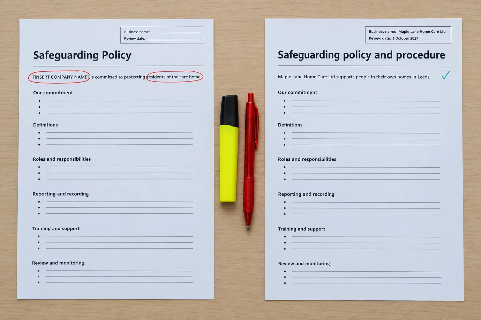 A generic safeguarding template with an unfilled company name and care home wording circled, next to a tailored homecare policy with the business name and review date