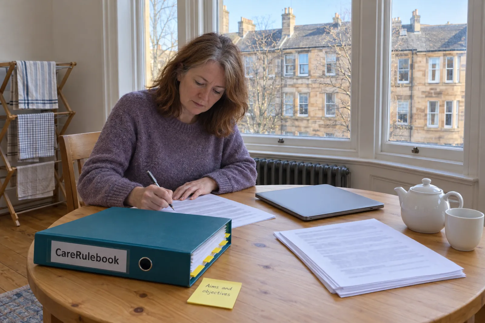 A woman in a heather-purple jumper writes on a printed page at a round pine table in the bay window of a sandstone tenement flat, beside a teal CareRulebook binder and a sticky note reading Aims and objectives, with a white teapot and the sandstone tenement opposite in winter sun