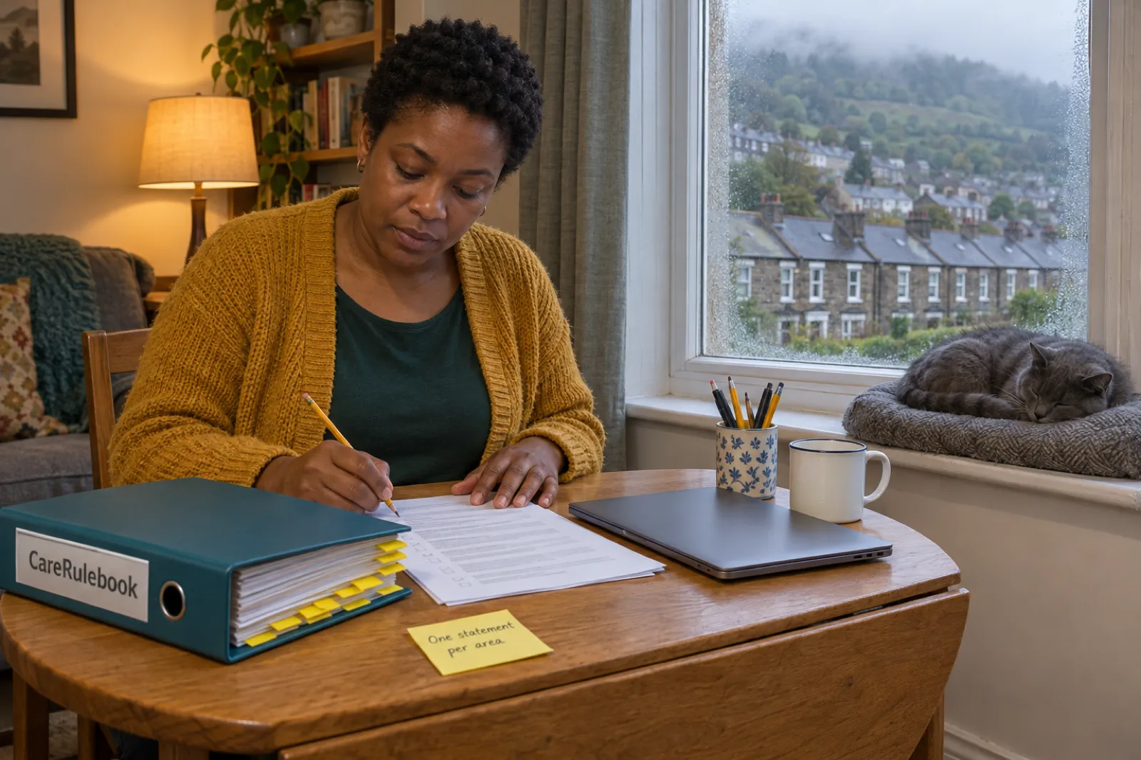 A woman in a mustard cardigan ticks a printed list at an oak drop-leaf table in a terraced front room, beside a teal CareRulebook binder and a sticky note reading One statement per area, with a cat asleep on the windowsill and rows of slate-roofed terraced houses on a misty green hillside outside