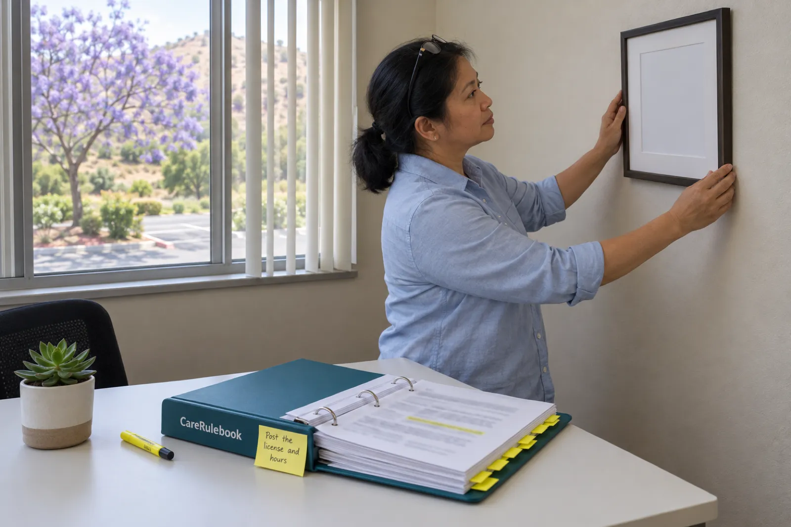 A woman in a light blue shirt hangs an empty picture frame on the wall of a small first office, beside a desk with an open teal CareRulebook binder, a highlighter, a succulent and a sticky note reading Post the license and hours, with a jacaranda tree in bloom outside the window
