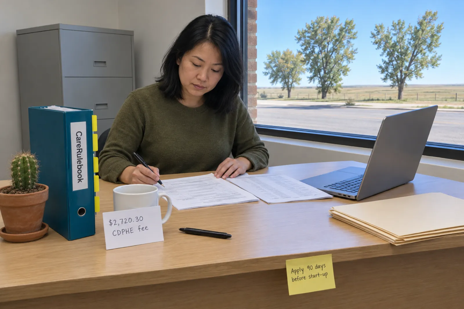A woman in an olive green sweater checks a printed form at a desk in a small office, beside a CareRulebook binder, an index card reading $2,720.30 CDPHE fee and a sticky note reading Apply 90 days before start-up, with cottonwood trees and flat grassland outside the window
