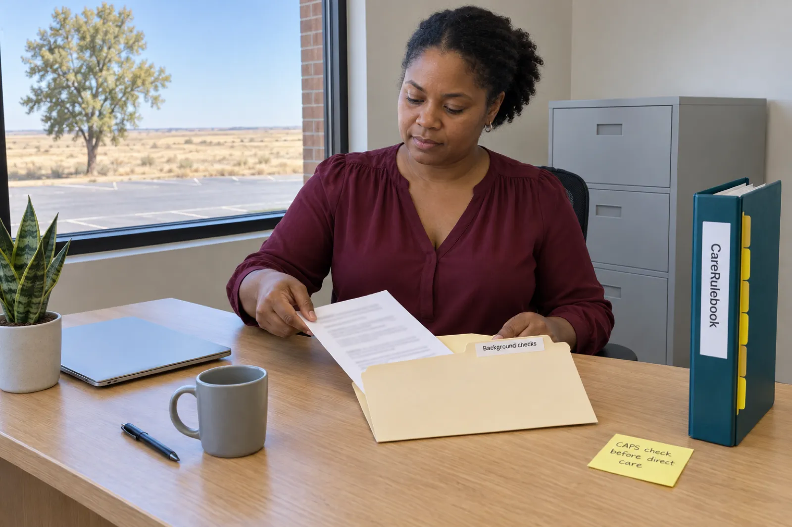 A woman in a burgundy blouse slides a printed page into a manila folder labelled Background checks at an office desk, beside a CareRulebook binder and a sticky note reading CAPS check before direct care, with a lone tree, a parking lot and dry grassland outside the window