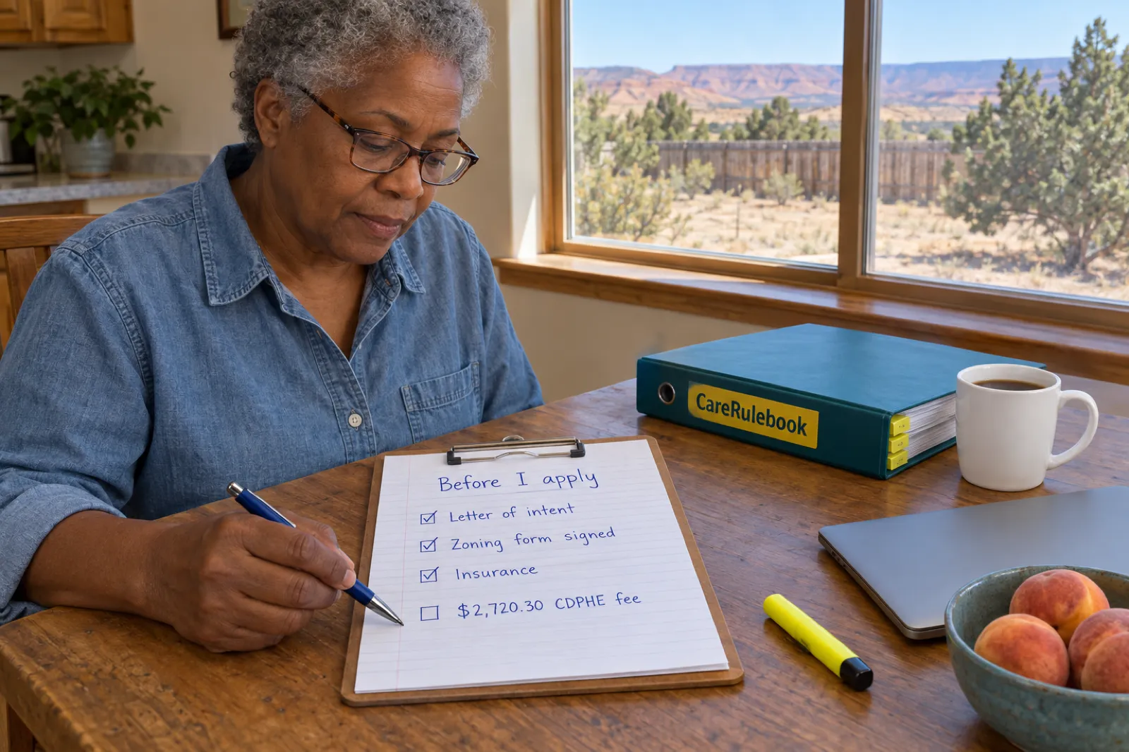 A woman in a denim shirt holds a pen over a handwritten list headed Before I apply, reading Letter of intent, Zoning form signed, Insurance and $2,720.30 CDPHE fee, with the first three ticked, beside a CareRulebook binder at a kitchen table, with juniper trees and red mesas outside the window