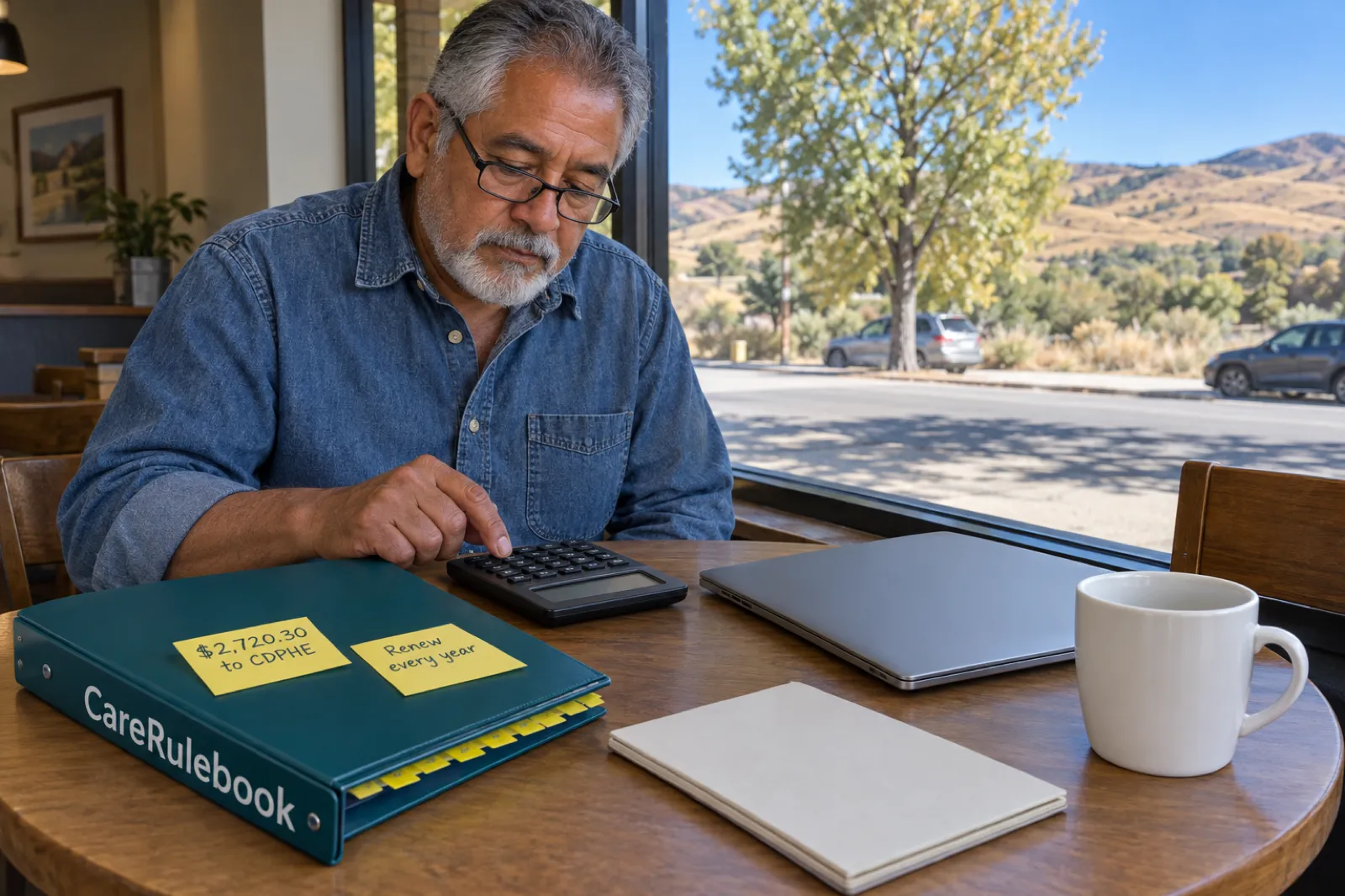 A man with a short white beard and reading glasses, in a denim shirt, taps a calculator at a round cafe table beside a CareRulebook binder with sticky notes reading $2,720.30 to CDPHE and Renew every year, a face-down notepad, a closed laptop and a white cup, with a street, a tree and dry foothills outside the window