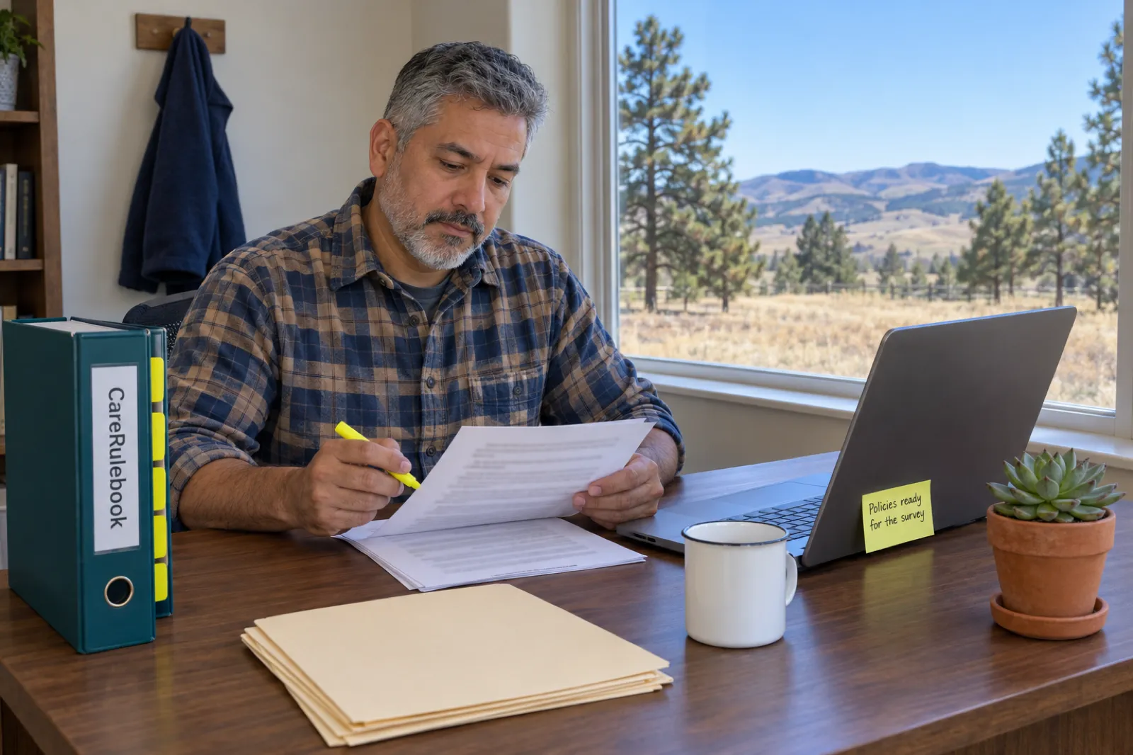 A man in a plaid flannel shirt highlights a printed page at a desk beside a CareRulebook binder and a laptop with a sticky note reading Policies ready for the survey, with pine trees and dry grassy hills outside the window