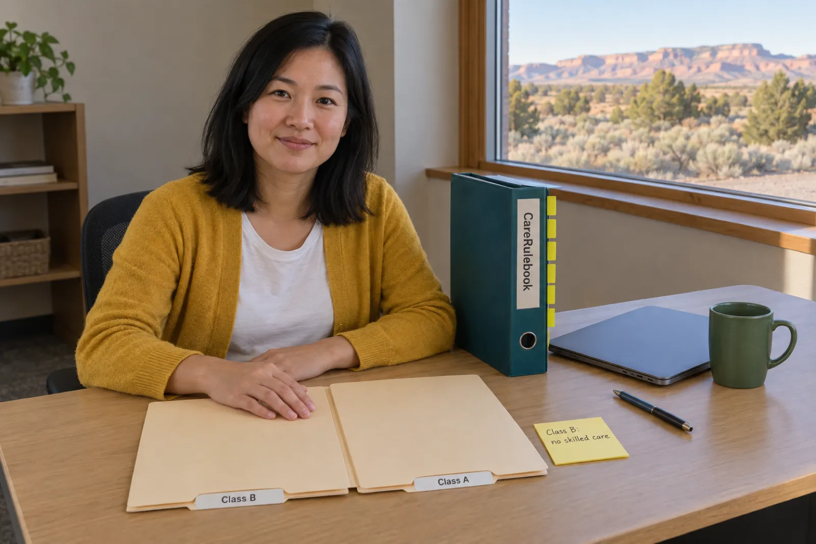 A woman in a mustard cardigan sits at a desk with her hand on two manila folders labelled Class B and Class A, beside a sticky note reading Class B: no skilled care and a CareRulebook binder, with sagebrush and distant mesas outside the window