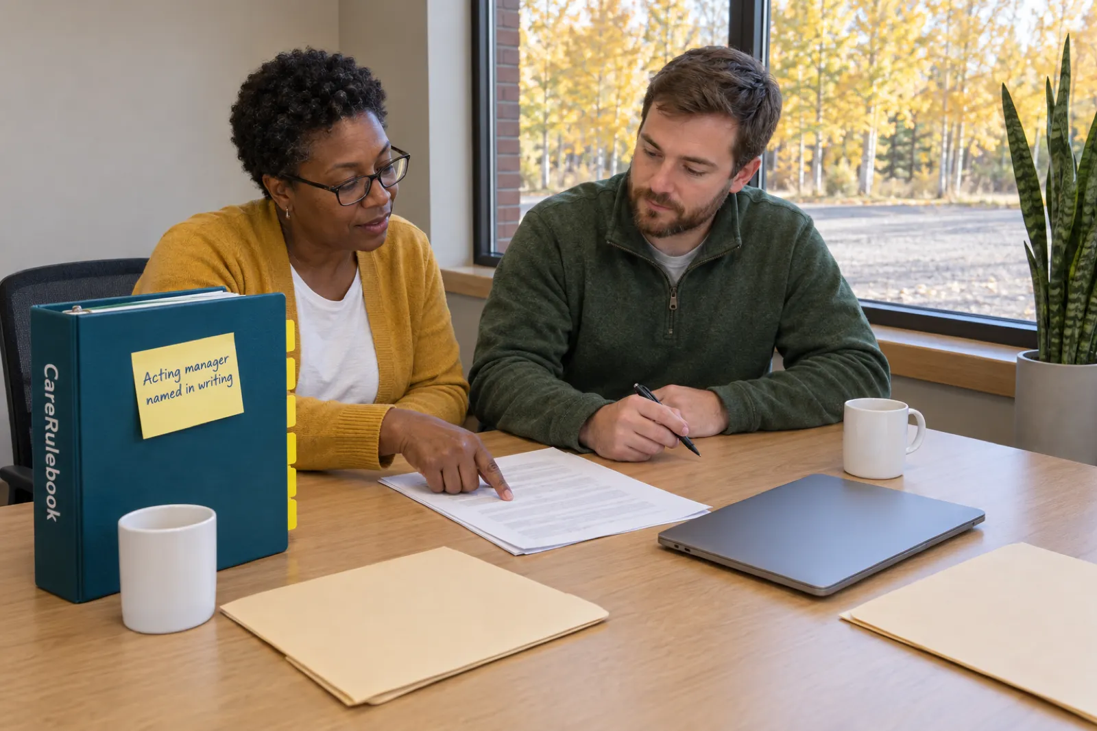 A Black woman with short natural hair and glasses in a mustard cardigan points to a printed page while a bearded man in a green fleece listens with a pen, at an office table beside a CareRulebook binder with a sticky note reading Acting manager named in writing, with yellow aspen trees outside the window