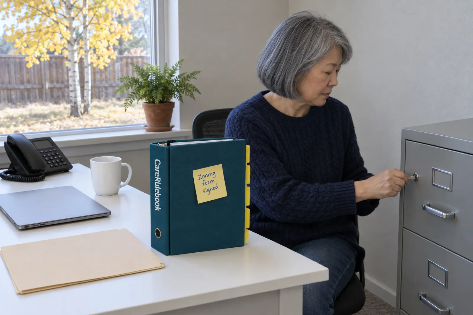 A woman with a grey bob in a navy cable-knit sweater turns a key in a grey metal filing cabinet beside a white desk with a CareRulebook binder carrying a sticky note reading Zoning form signed, a closed laptop and a desk phone, with yellow aspen leaves outside the window