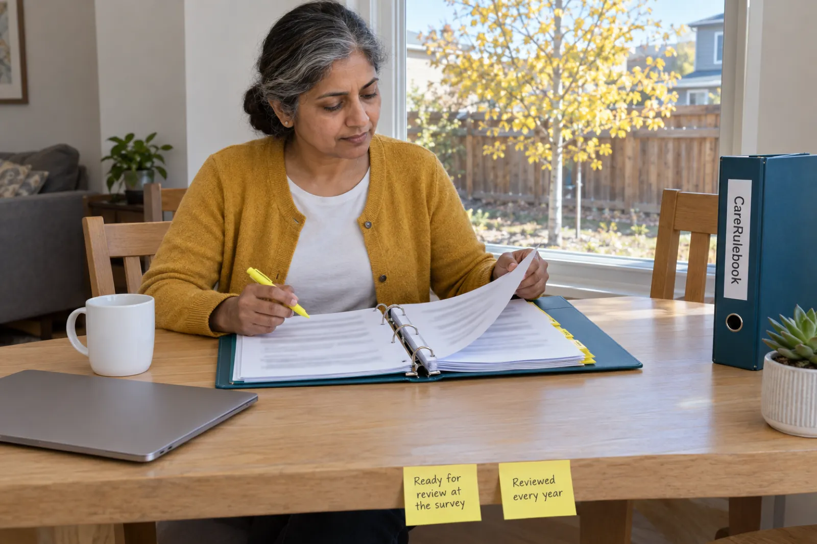 A woman with grey-streaked hair in a mustard cardigan turns a page in an open teal binder at a dining table, holding a yellow highlighter, beside a CareRulebook binder, a white mug, a closed laptop and two sticky notes reading Ready for review at the survey and Reviewed every year, with a yellow-leaved tree and a wooden fence outside the window