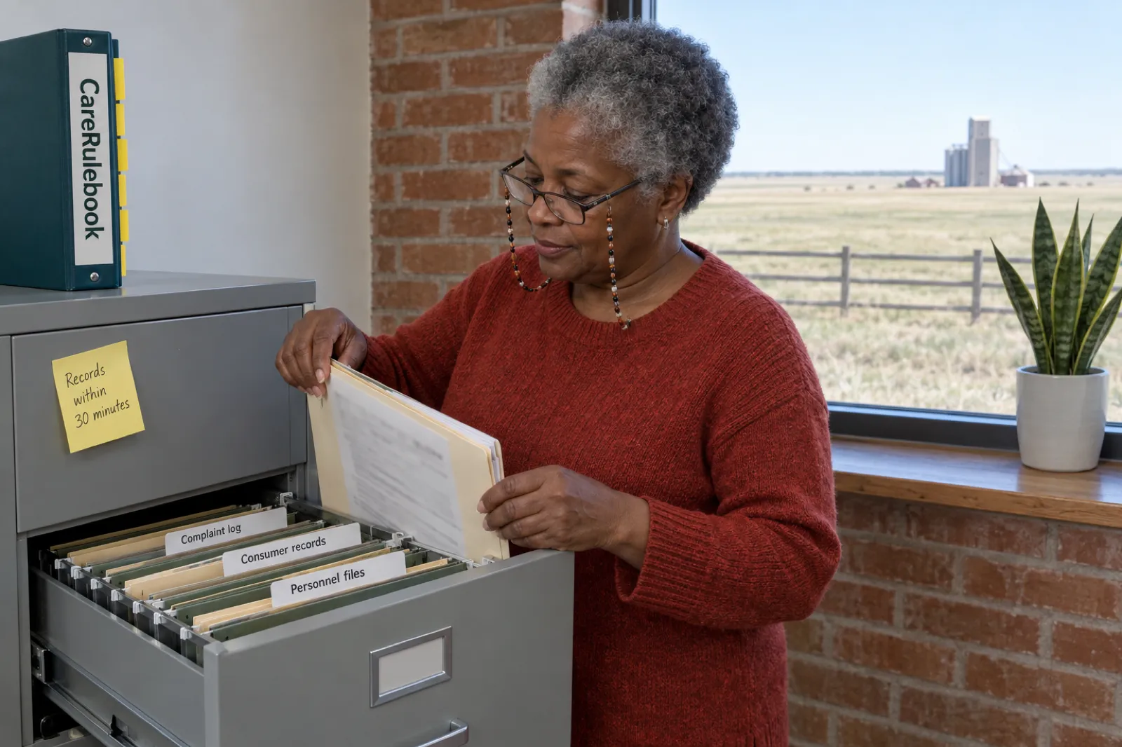 An agency owner in a rust-red sweater lifts a folder from a filing cabinet drawer with tabs labelled Personnel files, Consumer records and Complaint log, beside a CareRulebook binder and a sticky note reading Records within 30 minutes, with flat grassland outside the window