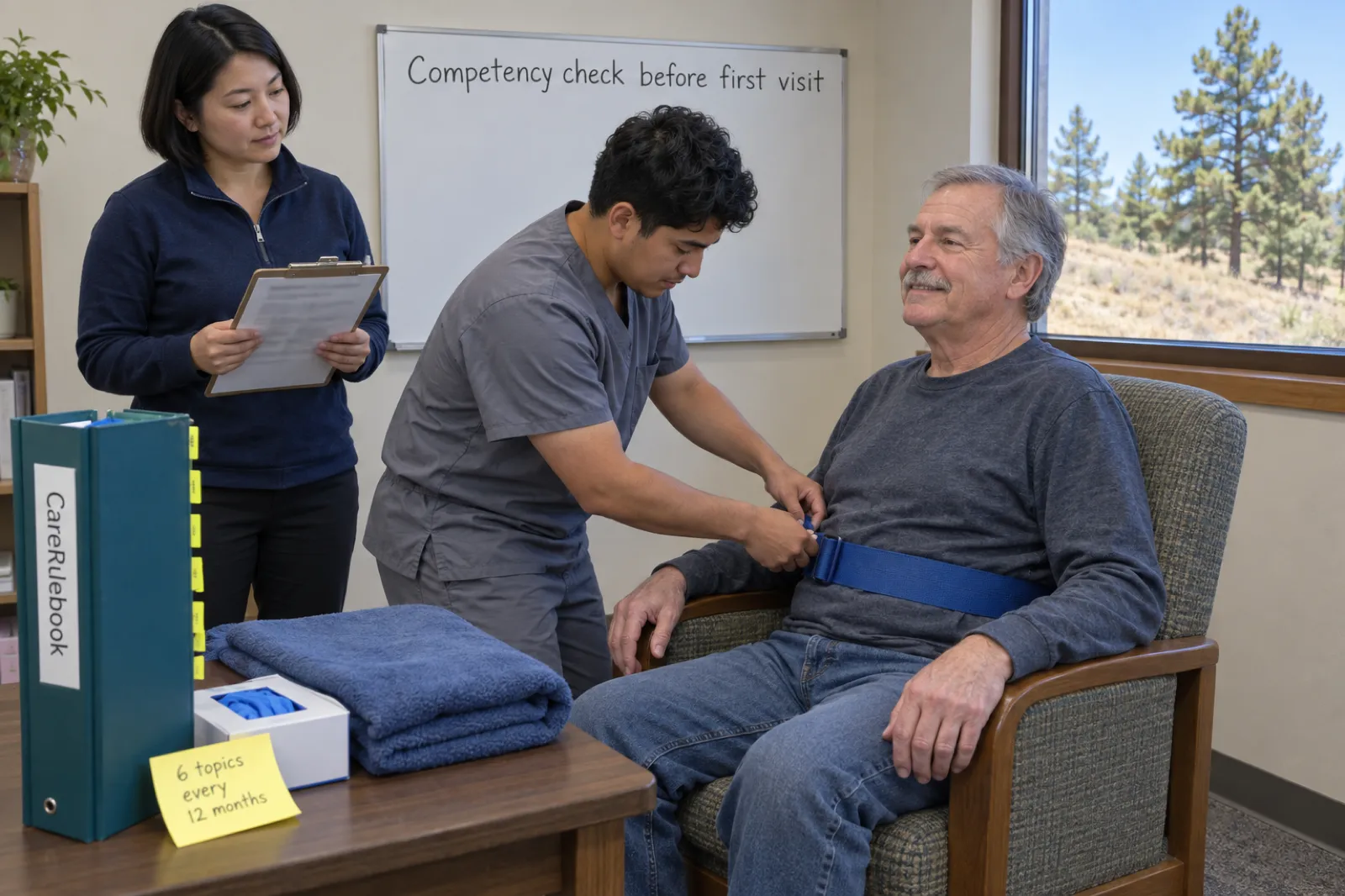 In a small training room, a young caregiver fastens a blue gait belt around an older man seated in an armchair while a woman with a clipboard watches, beside a whiteboard reading Competency check before first visit, a CareRulebook binder and a sticky note reading 6 topics every 12 months, with pine trees on a dry slope outside the window