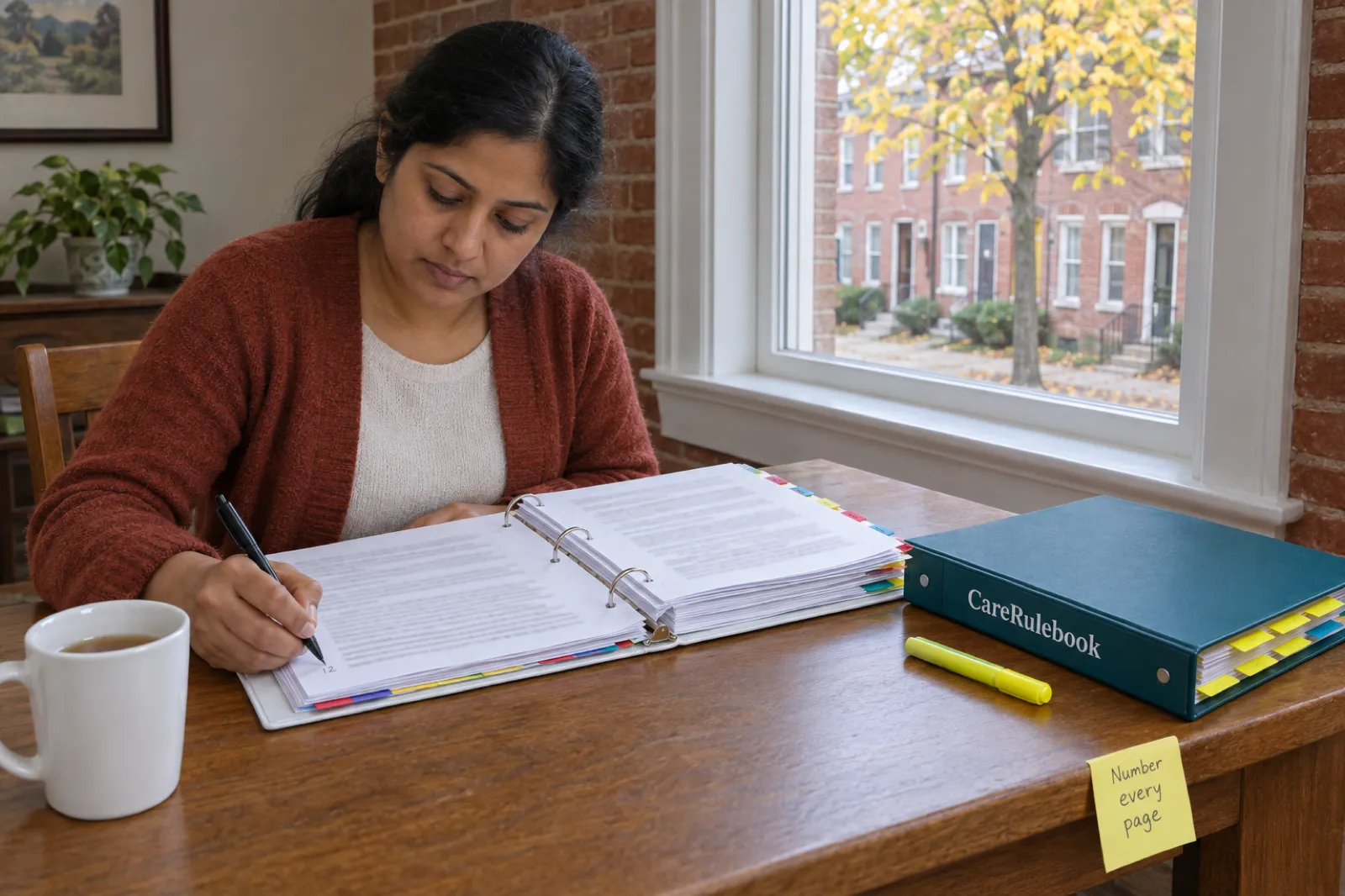 A woman in a rust cardigan writes a page number on a printed page in an open white binder at a dining table in a brick row house, beside a closed teal CareRulebook binder, a yellow highlighter and a sticky note reading Number every page
