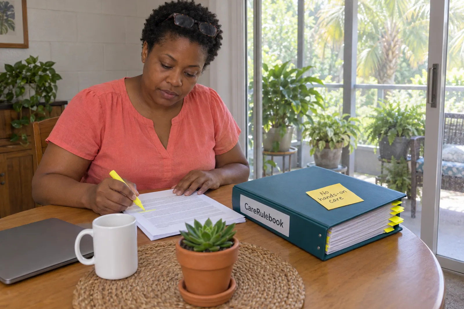 A woman in a coral blouse highlights a printed page beside a teal CareRulebook binder at a kitchen table in a Florida home, with a sticky note reading No hands-on care and a screened porch with plants behind her