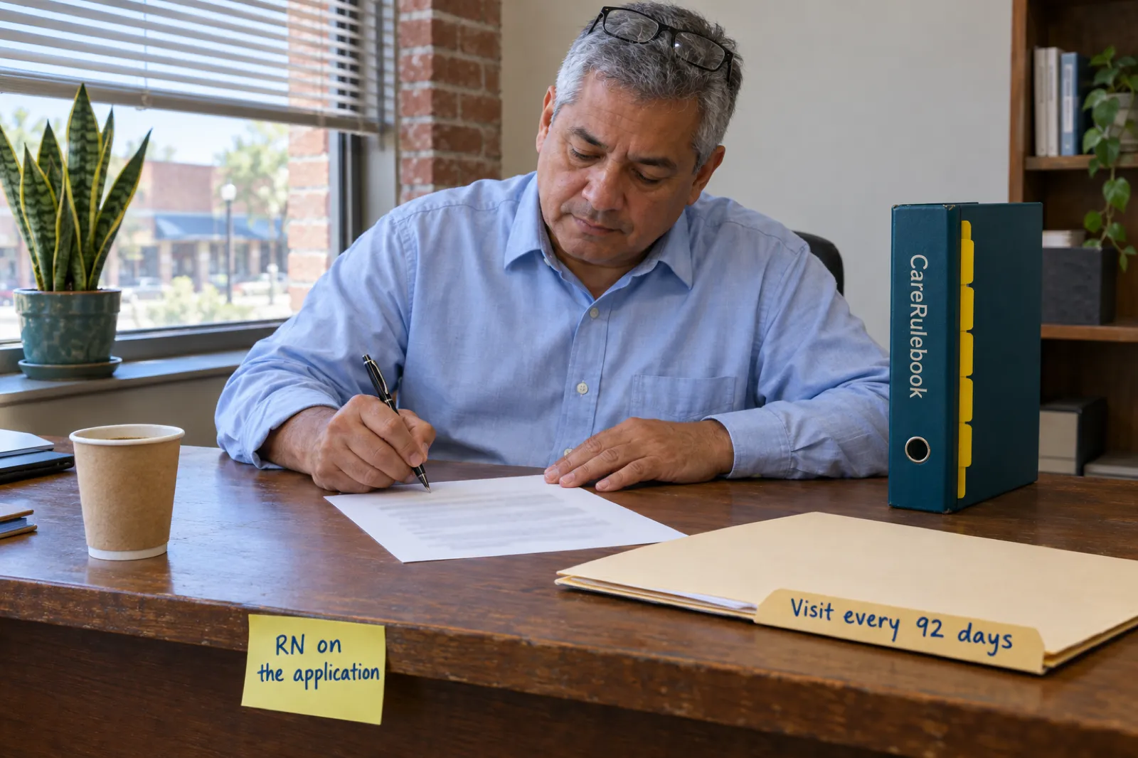 A Georgia nurse opening a home care agency signs a document at his office desk, beside a sticky note reading RN on the application, a folder labelled Visit every 92 days and a CareRulebook binder