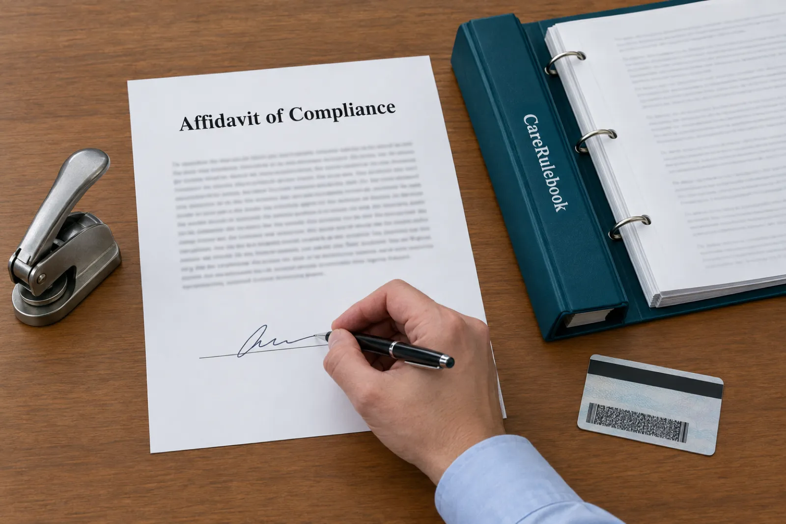 A person signs an Affidavit of Compliance at a notary counter next to an open CareRulebook policy binder