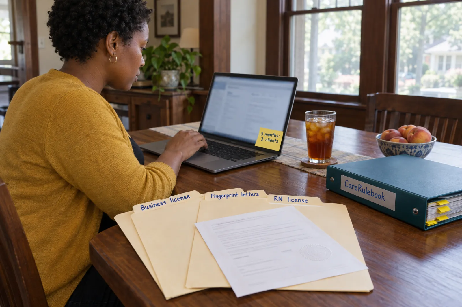 A nurse starting a Georgia home care agency works on a laptop beside folders labelled Business license, Fingerprint letters and RN license, a notarized form and a sticky note reading 3 months: 3 clients