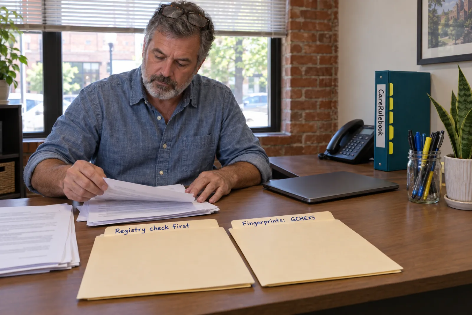 A Georgia home care agency owner sorts new-hire paperwork beside two folders labelled Registry check first and Fingerprints: GCHEXS, with a CareRulebook binder on the desk