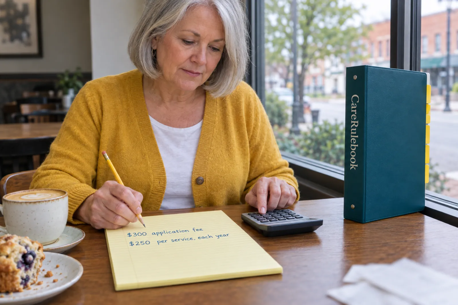A woman planning her Georgia home care agency at a coffee shop window, with a legal pad reading $300 application fee and $250 per service, each year, a calculator and her CareRulebook binder