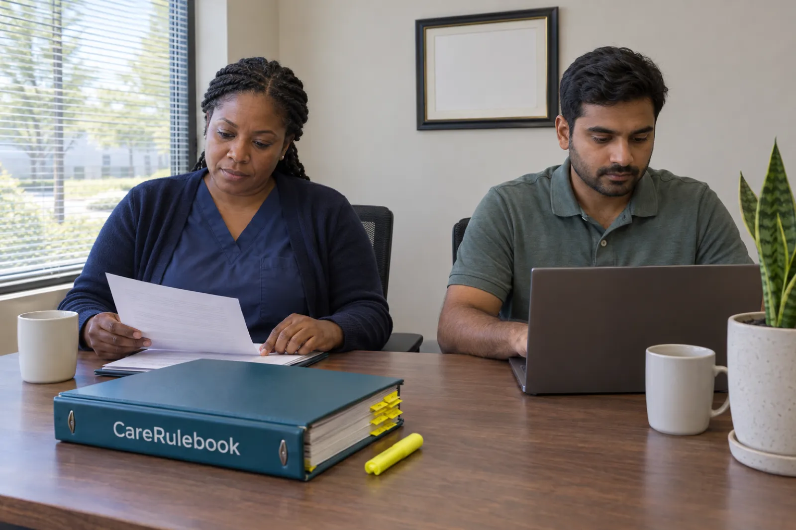 Two co-founders of a new Georgia home care agency, one a registered nurse, work at a desk in a small Atlanta office with a CareRulebook binder