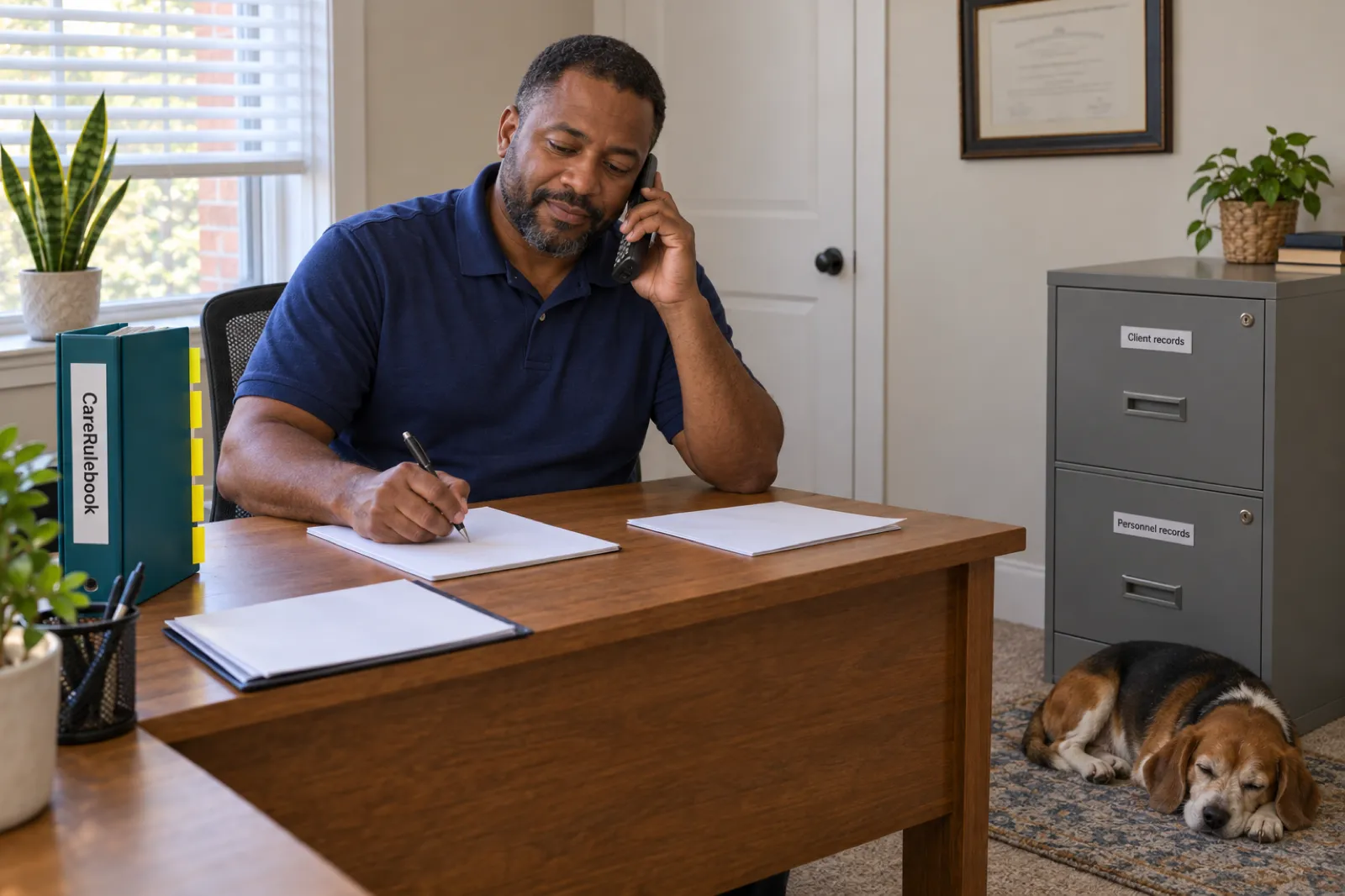A home care agency owner on the phone at his desk in a converted spare bedroom in Georgia, beside a locking file cabinet labelled Client records and Personnel records and his CareRulebook binder, with his beagle asleep on the rug