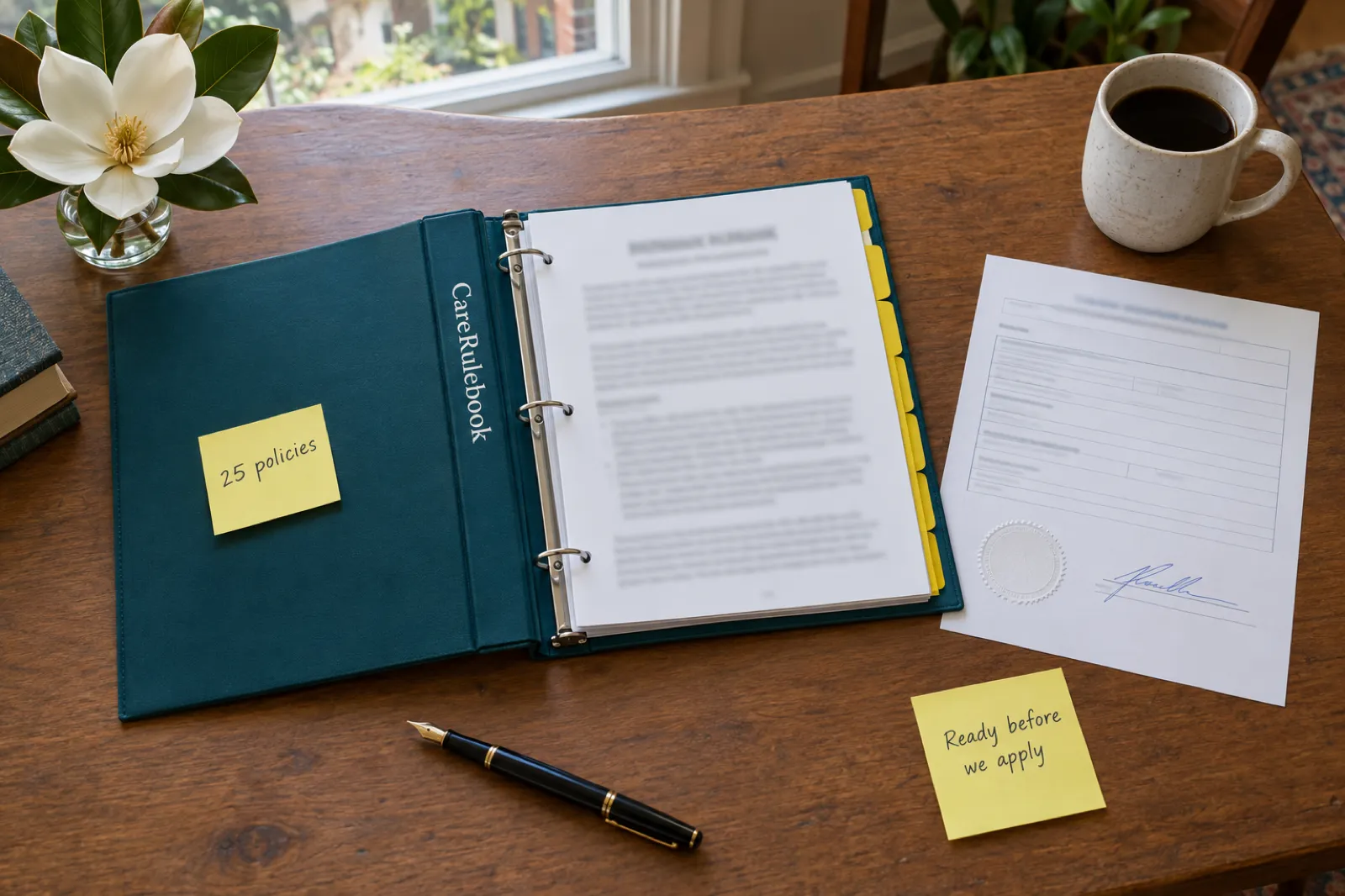 An open CareRulebook policy binder with a sticky note reading 25 policies, beside a notarized form and a note reading Ready before we apply