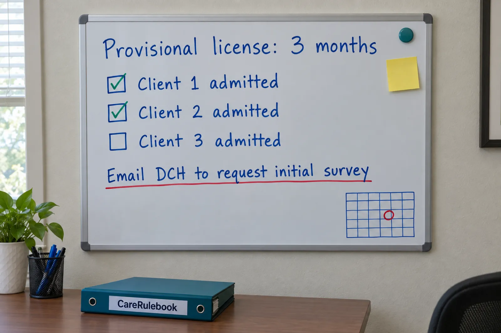 An office whiteboard tracking a Georgia provisional license: three months, two of three clients admitted, and a reminder to email DCH to request the initial survey