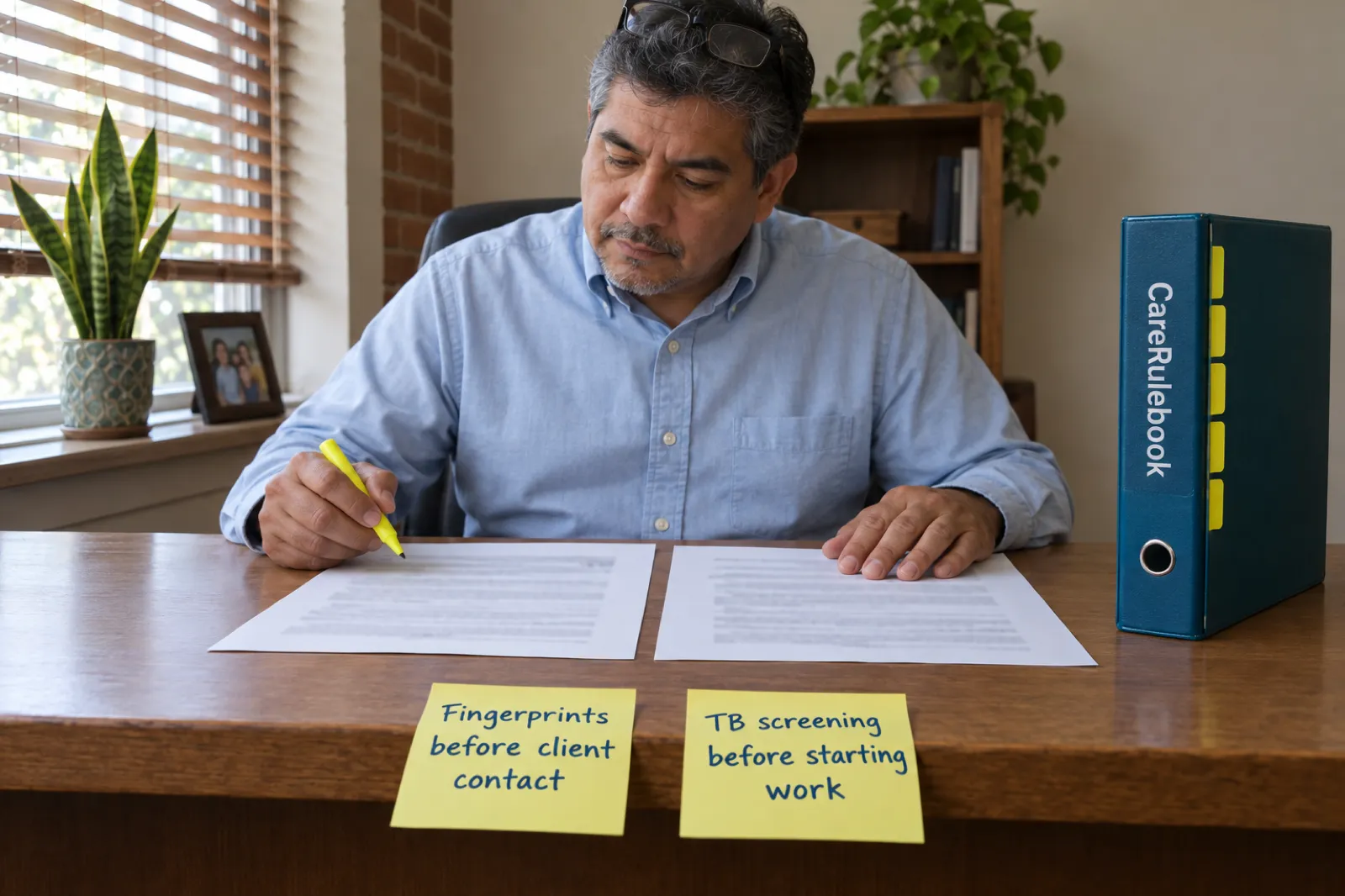 A Georgia home care agency owner compares two printed rule pages at his desk, with sticky notes reading Fingerprints before client contact and TB screening before starting work, next to his CareRulebook binder