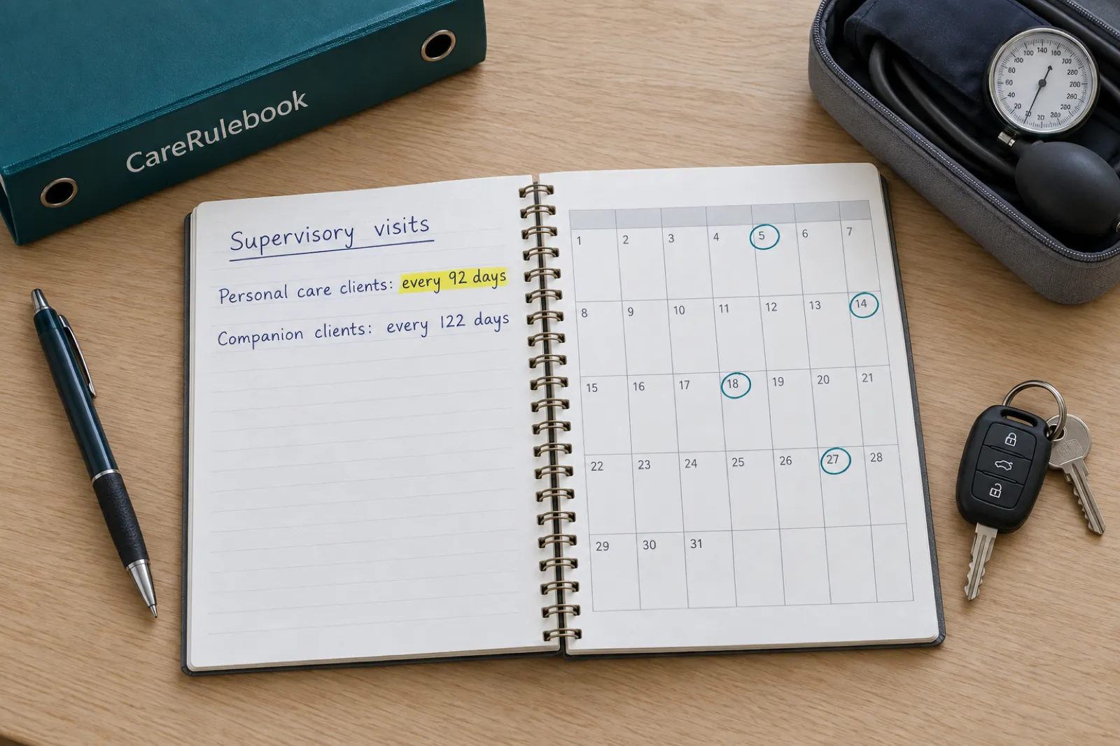 A desk planner noting supervisory visits every 92 days for personal care clients and every 122 days for companion clients